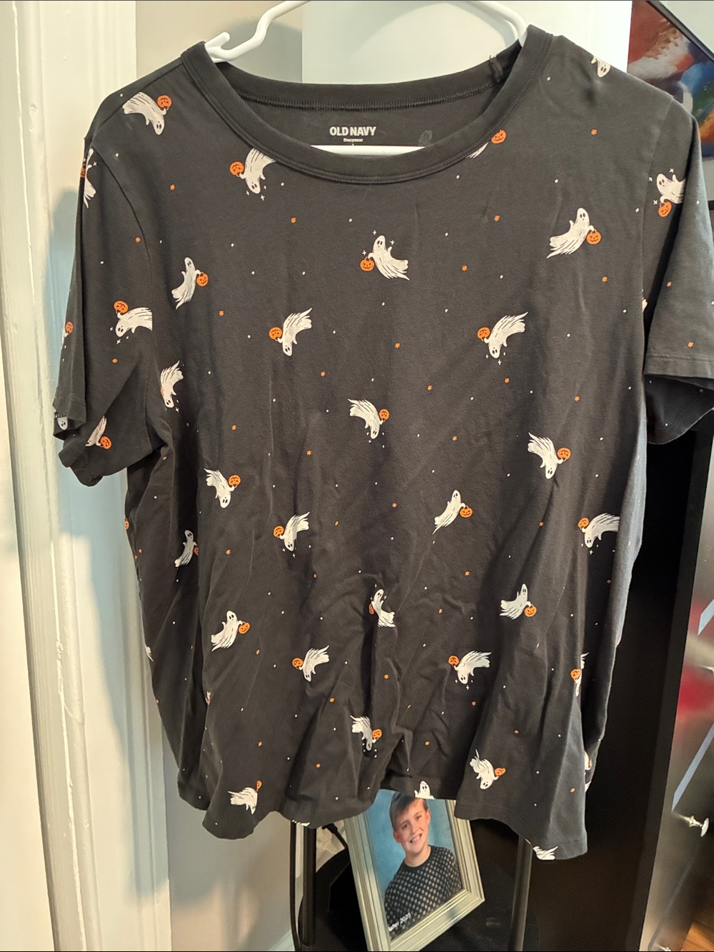 Old Navy Black Short Sleeve Tee with White Ghost and Orange Pumpkin Print